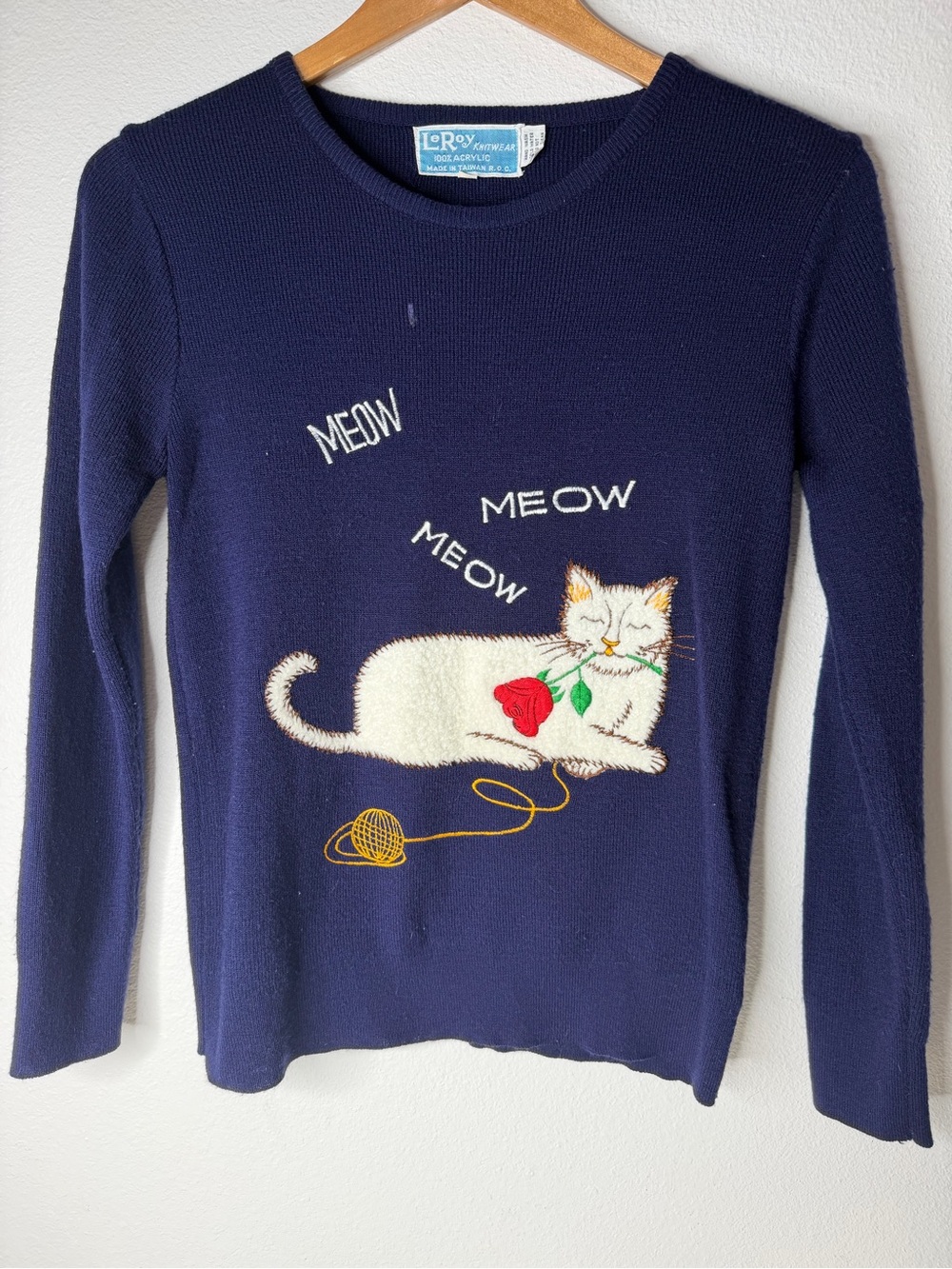 Navy Cat 'Meow' Sweater with Embroidered White Cat and Rose